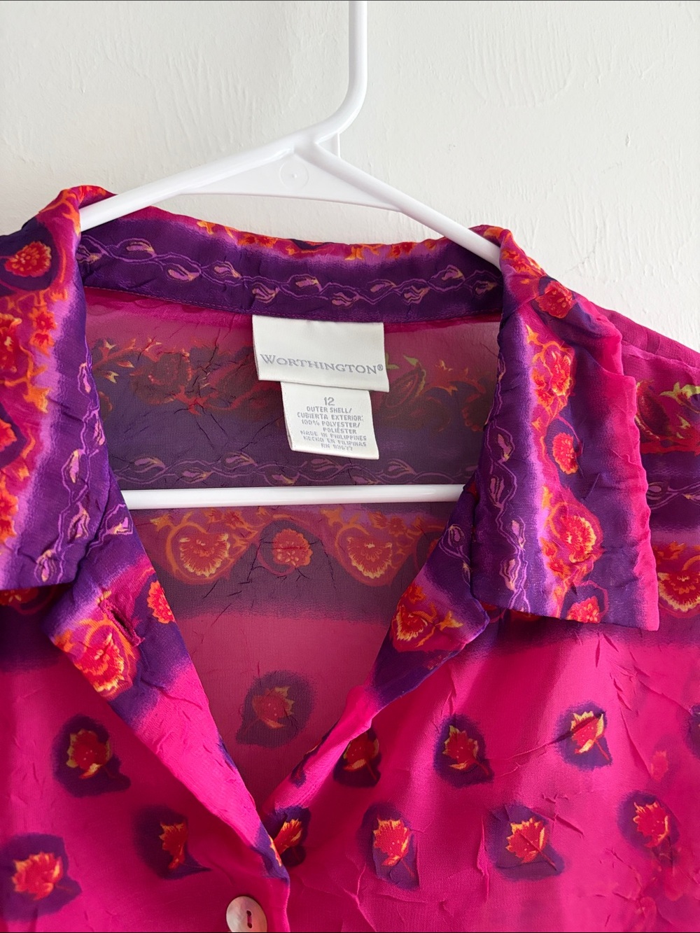 Vintage Bold Sheer Fuchsia & Purple Short-Sleeve Button Front Blouse - Picture 3 of 4